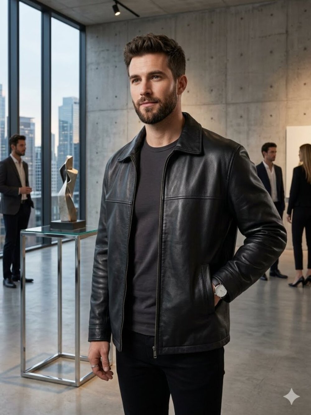 Frequency Outerwear Men's Size Large Black Genuine Full Zip Leather Jacket Sleek